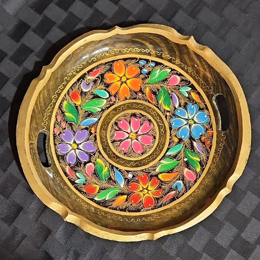 Handcarved & Painted Wooden Batea Tray with Vibrant Floral Motif